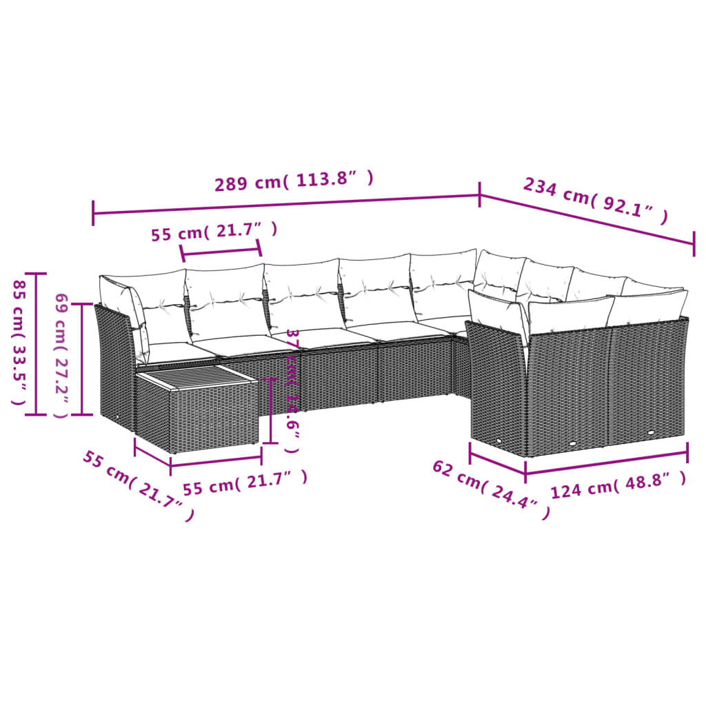 Set Divani da Giardino 10pz con Cuscini in Polyrattan Nero | homemem39