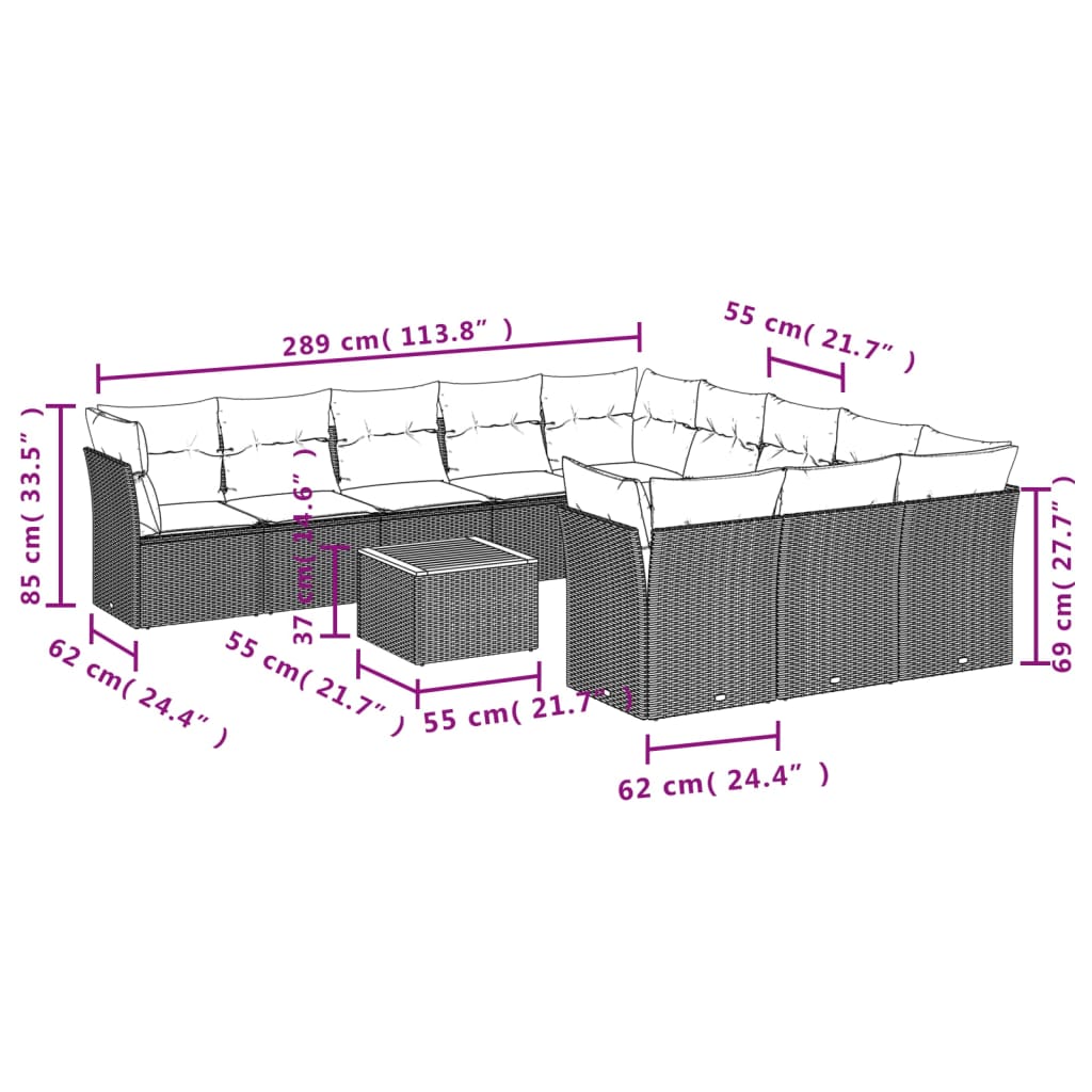 Set Divani da Giardino 12 pz con Cuscini Nero in Polyrattan | homemem39