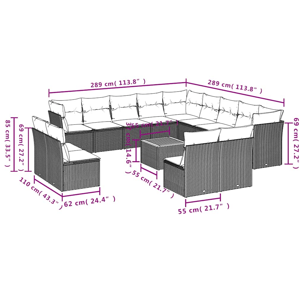 Set Divani da Giardino 14pz con Cuscini in Polyrattan Nero | homemem39