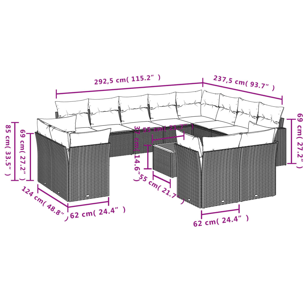 Set Divani da Giardino 13pz con Cuscini Nero in Polyrattan | homemem39