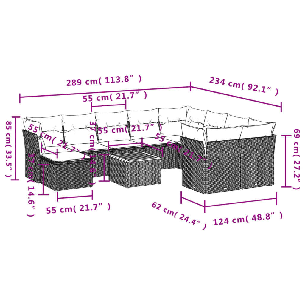 Set Divani da Giardino 11 pz con Cuscini in Polyrattan Nero | homemem39