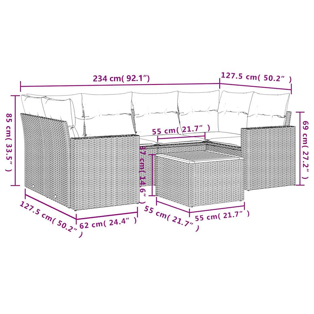 Set Divani da Giardino con Cuscini 7pz Nero Polyrattan