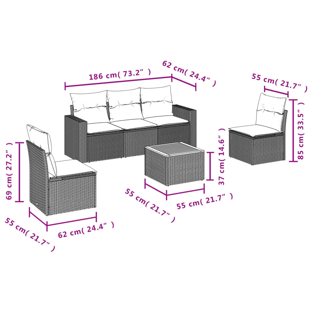 Set Divano da Giardino 6 pz con Cuscini Nero in Polyrattan | homemem39