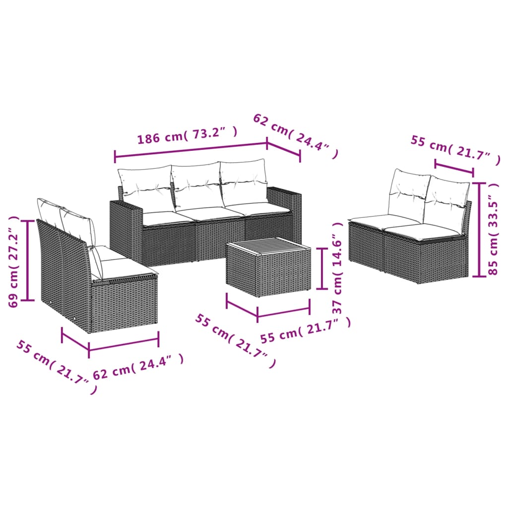 Set Divani da Giardino con Cuscini 8 pz Nero in Polyrattan | homemem39