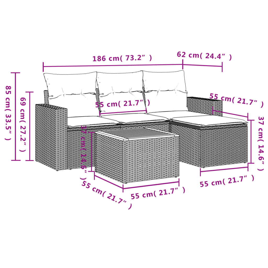 Set Divani da Giardino 5 pz con Cuscini in Polyrattan Nero | homemem39