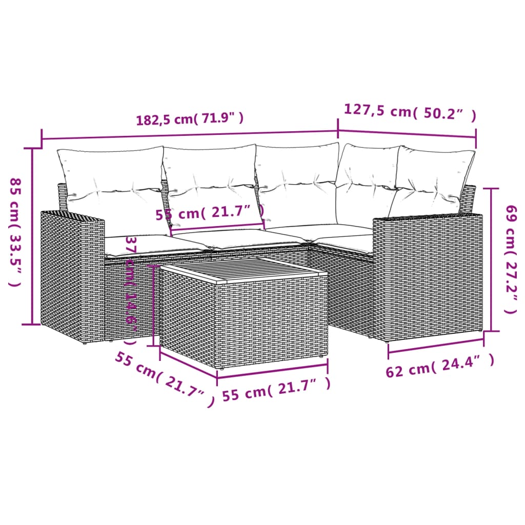 Set Divani da Giardino 5 pz con Cuscini in Polyrattan Nero | homemem39