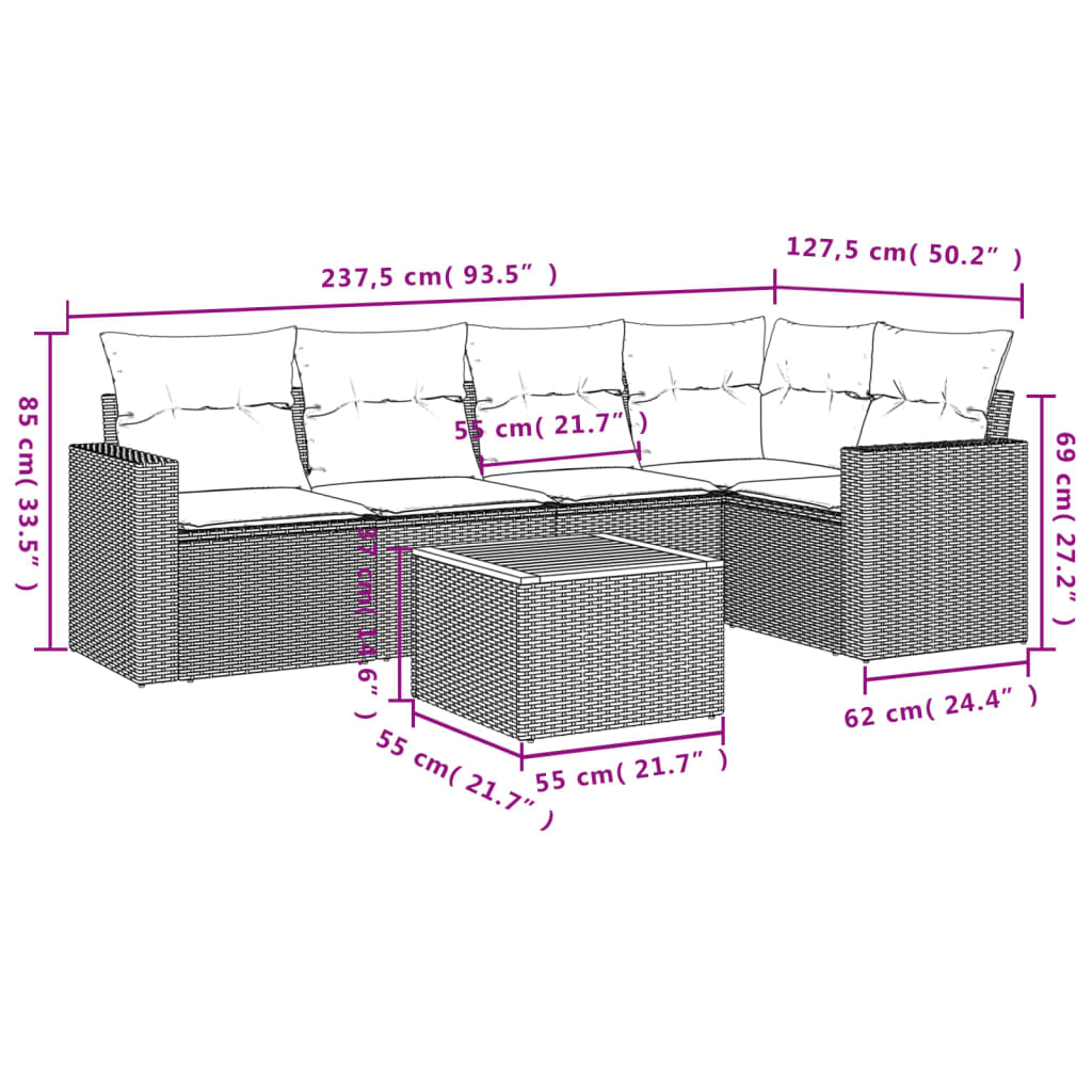 Set Divano da Giardino 6 pz con Cuscini Nero in Polyrattan | homemem39