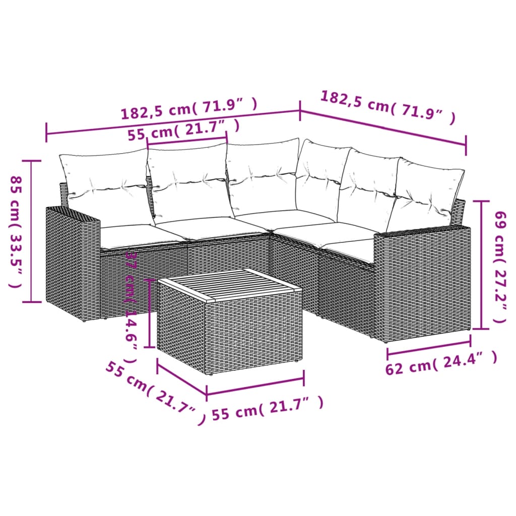 Set Divano da Giardino 6 pz con Cuscini Nero in Polyrattan | homemem39