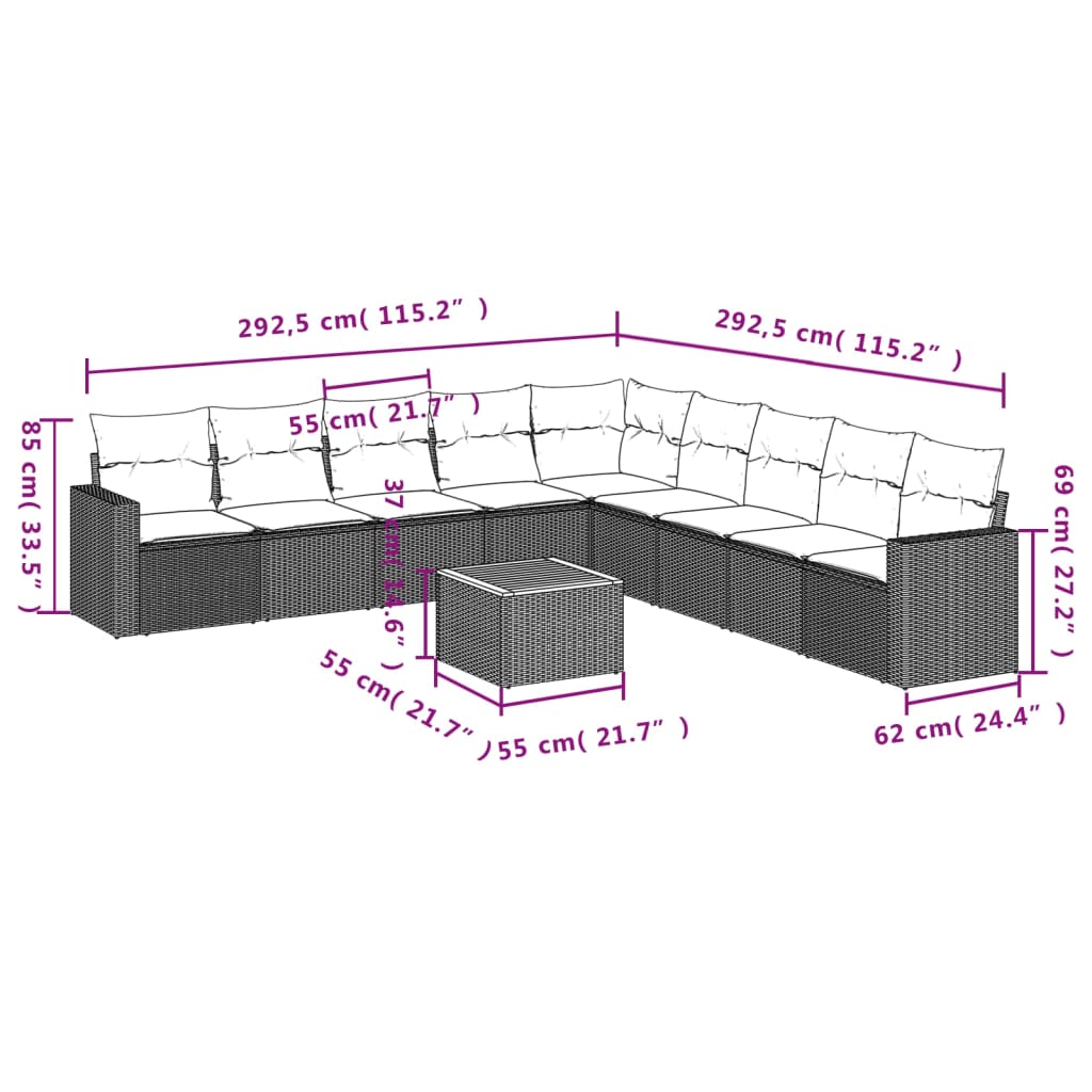 Set Divani da Giardino 10pz con Cuscini in Polyrattan Nero | homemem39