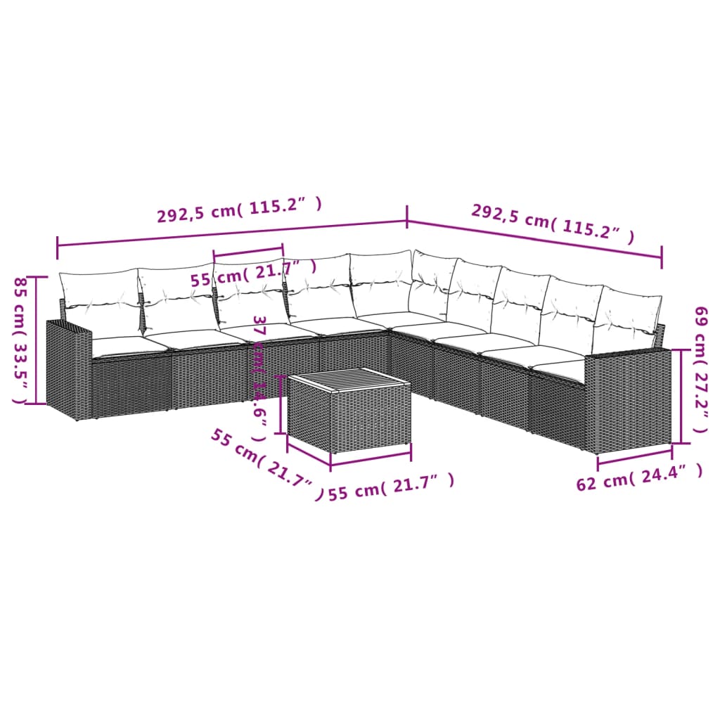 Set Divani da Giardino 10pz con Cuscini in Polyrattan Nero | homemem39