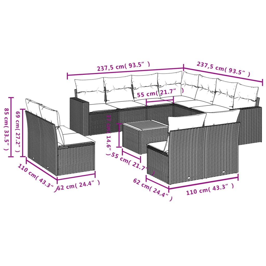 Set Divani da Giardino 12 pz con Cuscini Nero in Polyrattan | homemem39