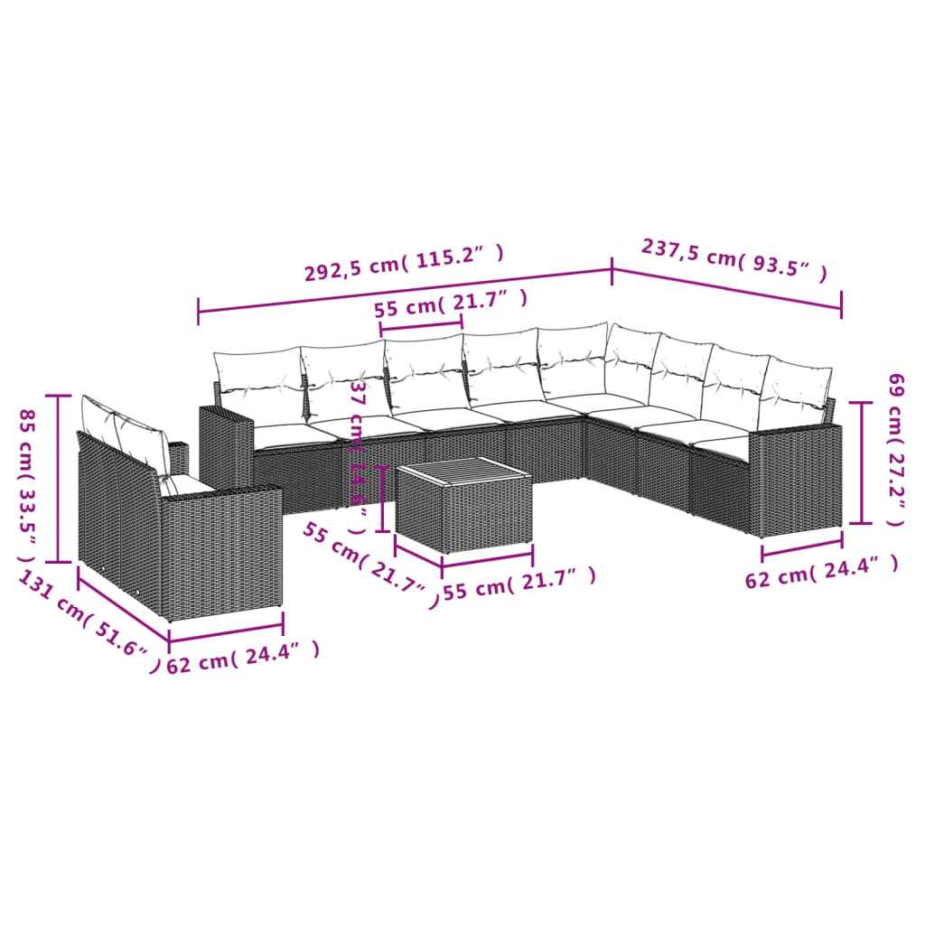 Set Divani da Giardino 11 pz con Cuscini in Polyrattan Nero | homemem39