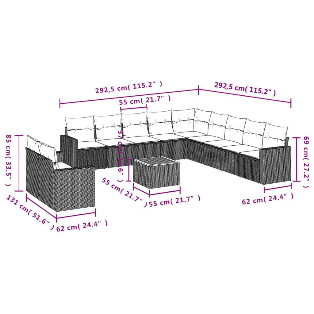 Set Divani da Giardino 12 pz con Cuscini Nero in Polyrattan | homemem39