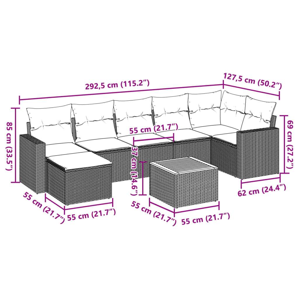 Set Divano da Giardino 8 pz con Cuscini Beige in Polyrattan | homemem39