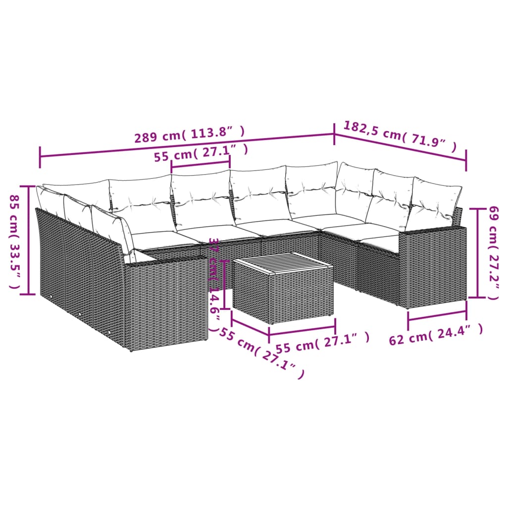 Set Divani da Giardino 10pz con Cuscini in Polyrattan Nero | homemem39