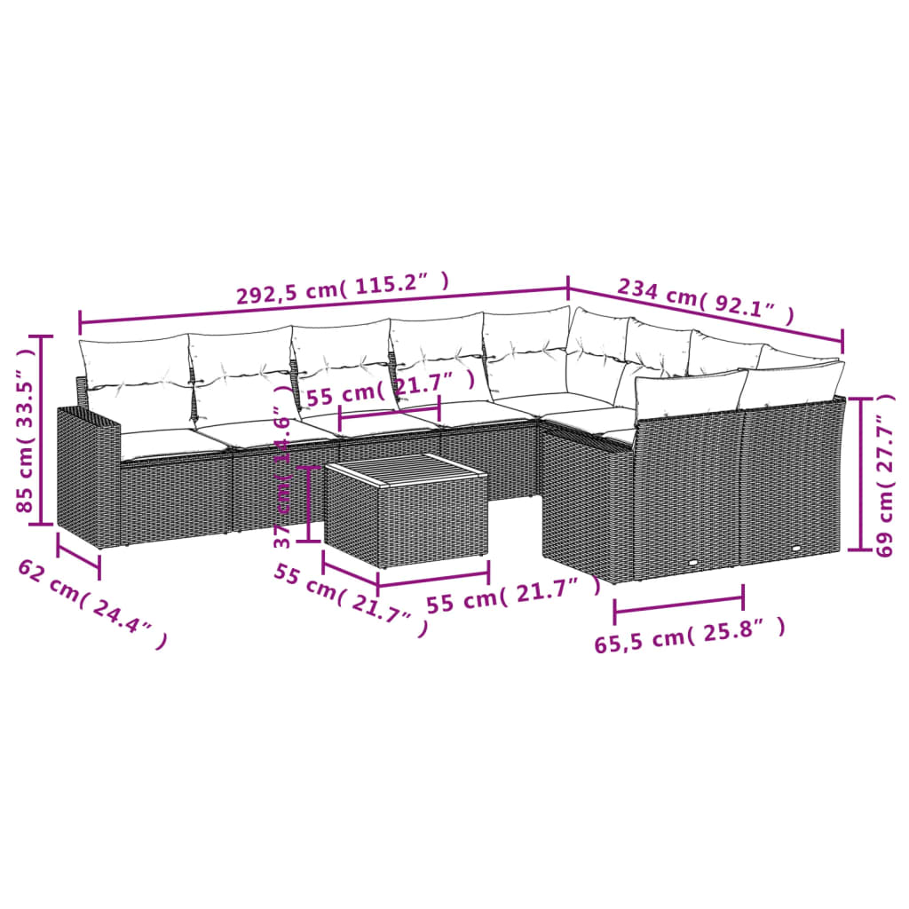 Set Divani da Giardino 10pz con Cuscini in Polyrattan Nero | homemem39