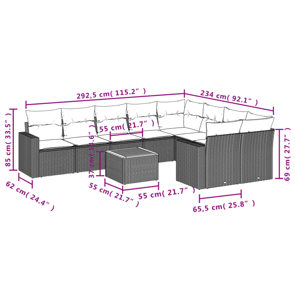 Set Divani da Giardino 10pz con Cuscini in Polyrattan Nero | homemem39