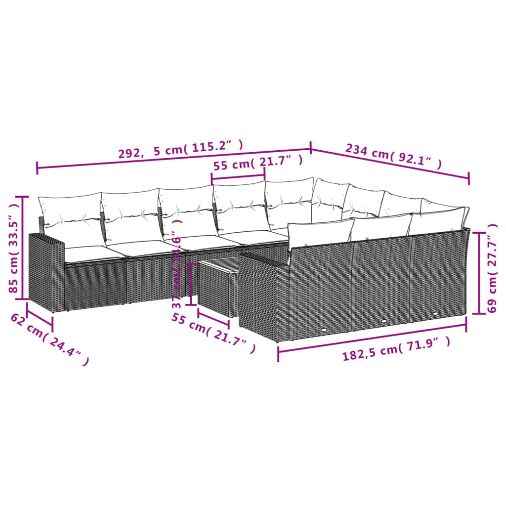 Set Divani da Giardino 11 pz con Cuscini in Polyrattan Nero | homemem39