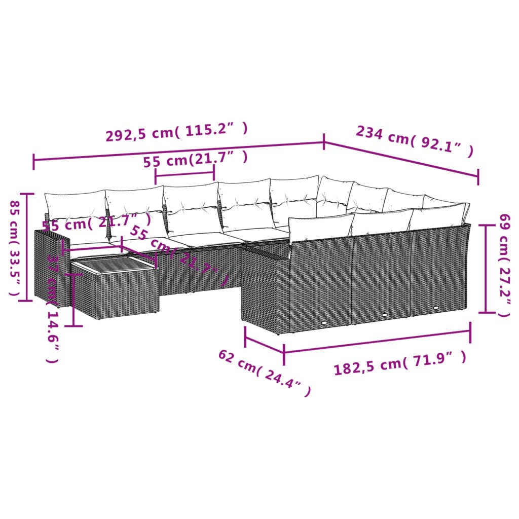 Set Divani da Giardino 11 pz con Cuscini in Polyrattan Grigio | homemem39