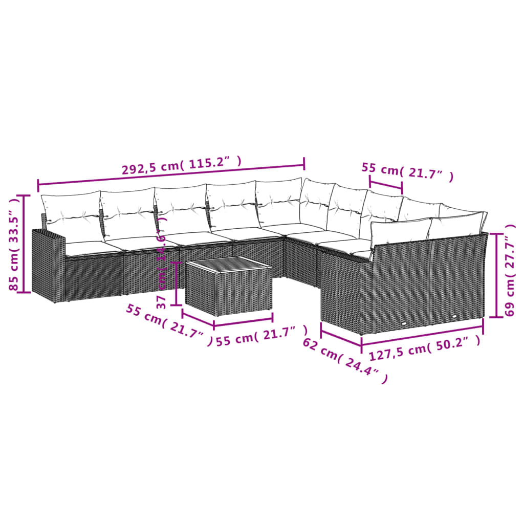 Set Divani da Giardino 11 pz con Cuscini in Polyrattan Nero | homemem39