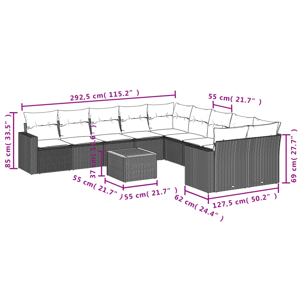 Set Divani da Giardino 11 pz con Cuscini in Polyrattan Grigio | homemem39