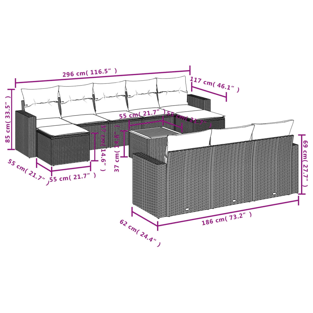 Set Divani da Giardino 11 pz con Cuscini in Polyrattan Nero | homemem39