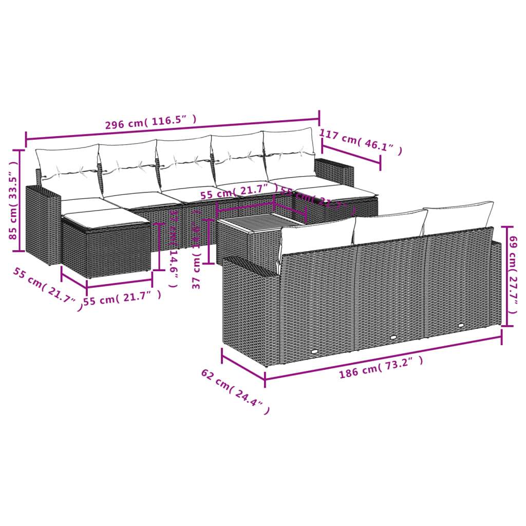 Set Divani da Giardino 11 pz con Cuscini in Polyrattan Grigio | homemem39
