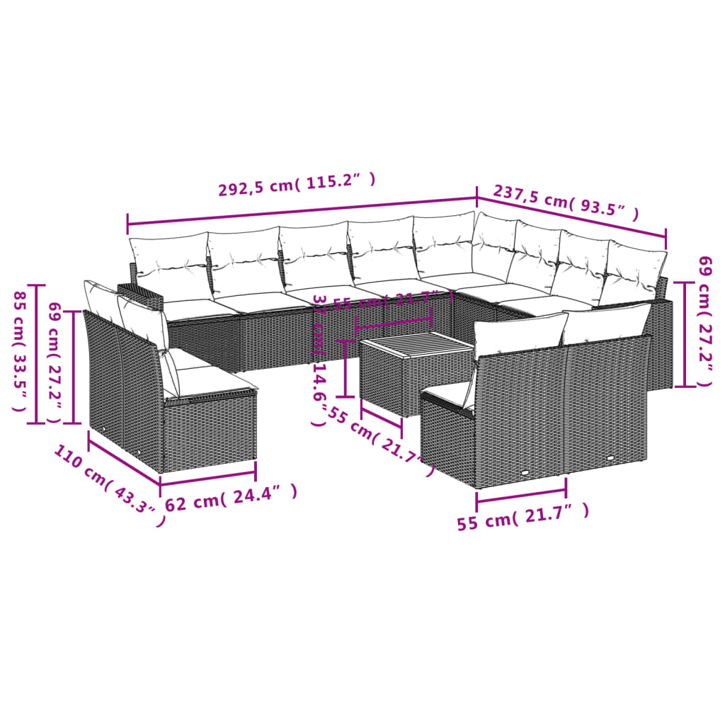 Set Divani da Giardino 13pz con Cuscini Nero in Polyrattan | homemem39