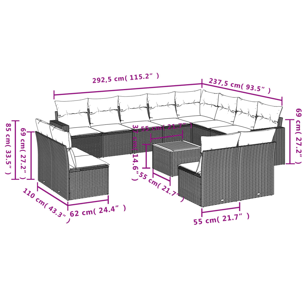 Set Divani da Giardino 13pz con Cuscini Nero in Polyrattan | homemem39