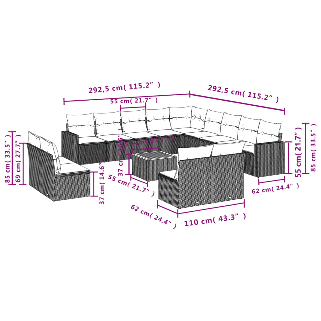 Set Divani da Giardino 14pz con Cuscini in Polyrattan Nero | homemem39