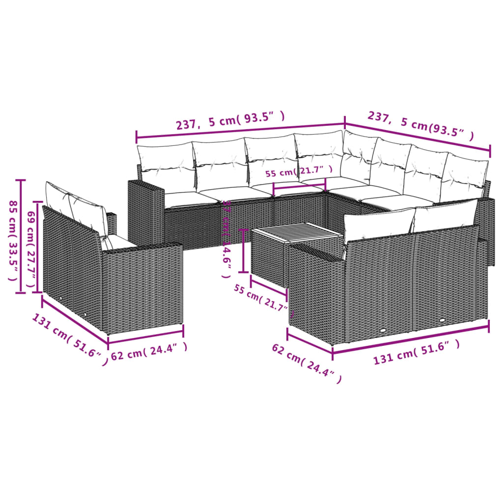 Set Divani da Giardino 12 pz con Cuscini Nero in Polyrattan | homemem39