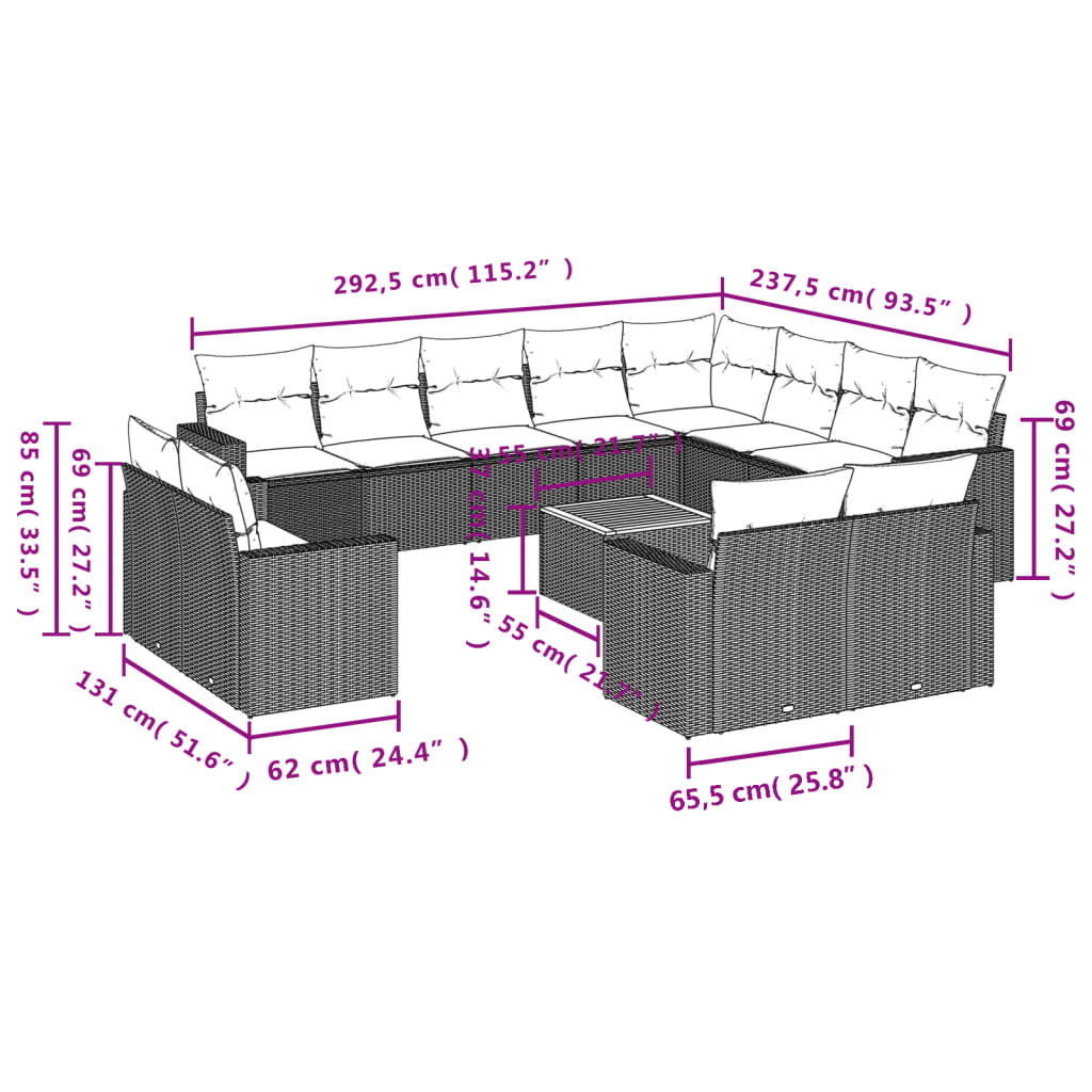 Set Divani da Giardino 13pz con Cuscini Nero in Polyrattan | homemem39