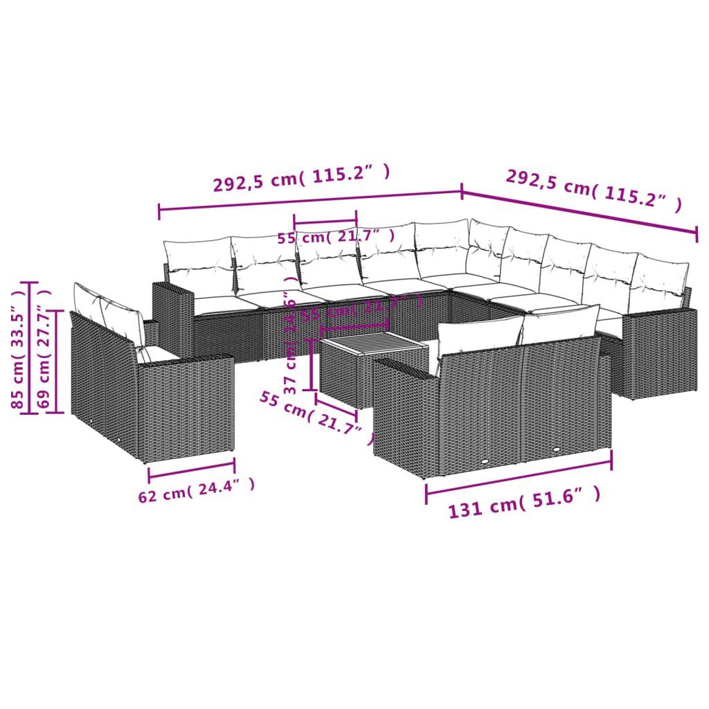 Set Divani da Giardino 14pz con Cuscini in Polyrattan Nero | homemem39