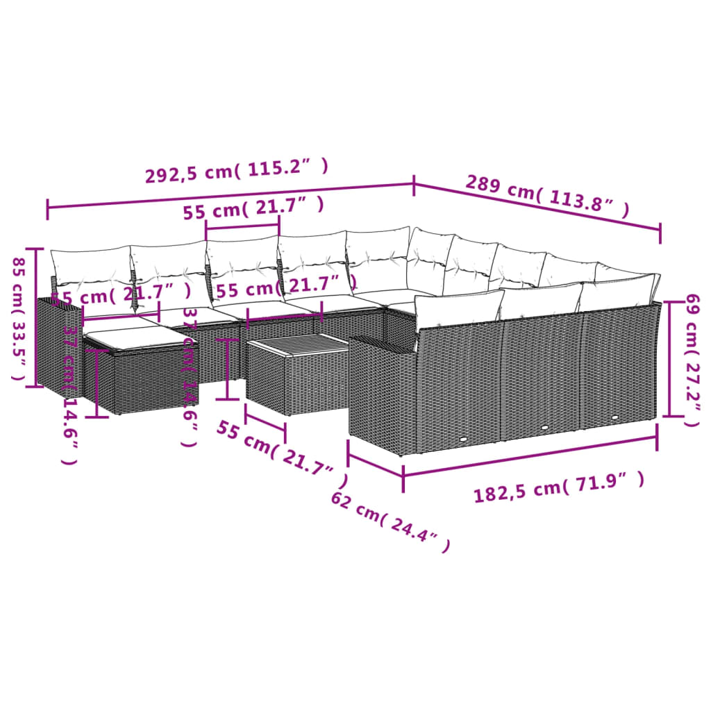 Set Divani da Giardino 13pz con Cuscini Nero in Polyrattan | homemem39