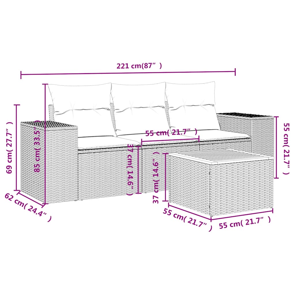 Set Divani da Giardino 4 pz con Cuscini Nero in Polyrattan