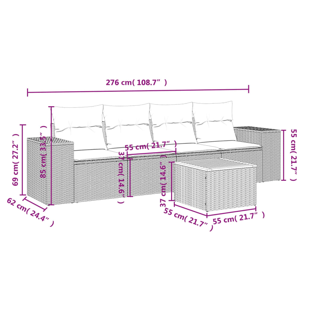 Set Divani da Giardino 5 pz con Cuscini in Polyrattan Nero | homemem39