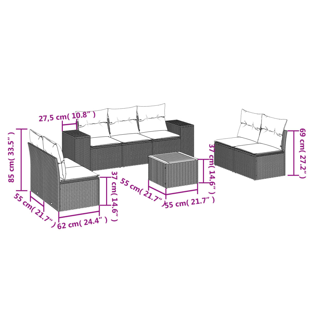 Set Divani da Giardino con Cuscini 8 pz Nero in Polyrattan | homemem39