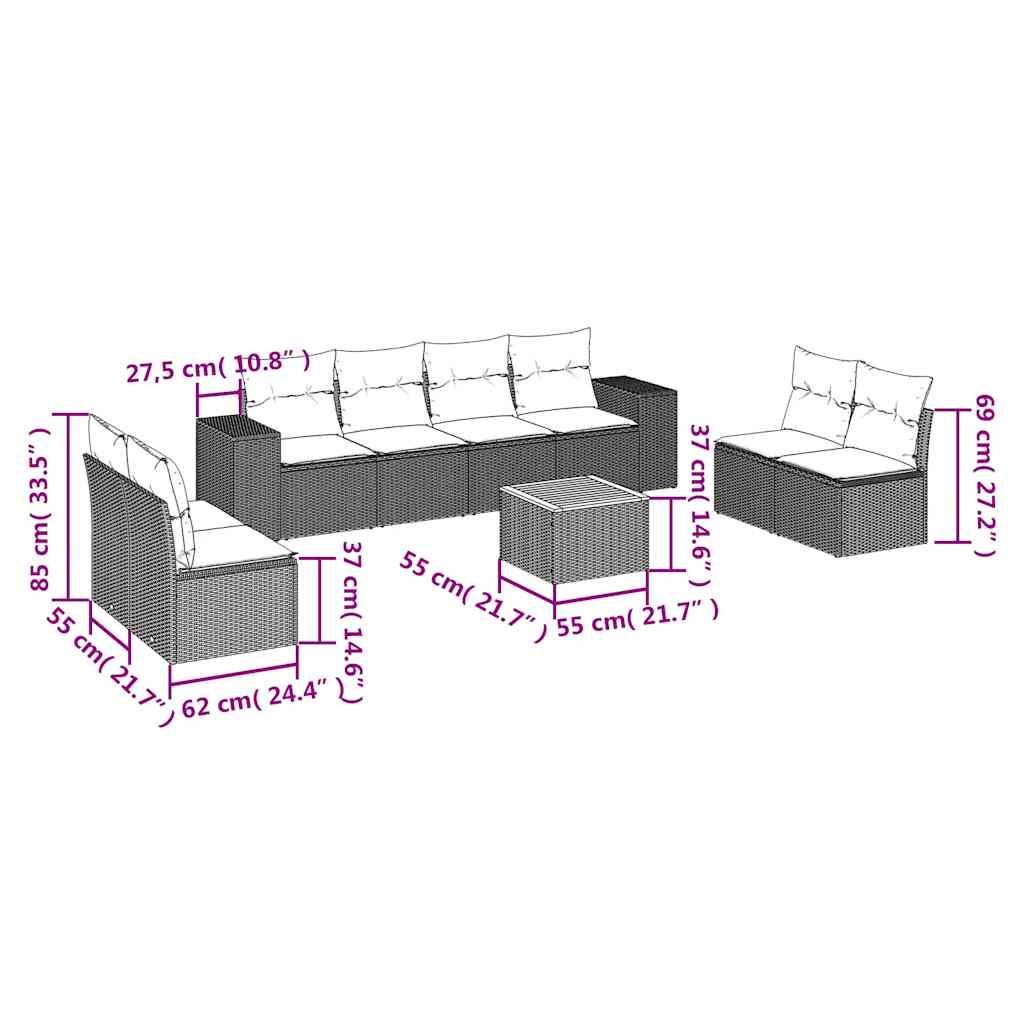 Set Divani da Giardino 9 pz con Cuscini Nero in Polyrattan | homemem39