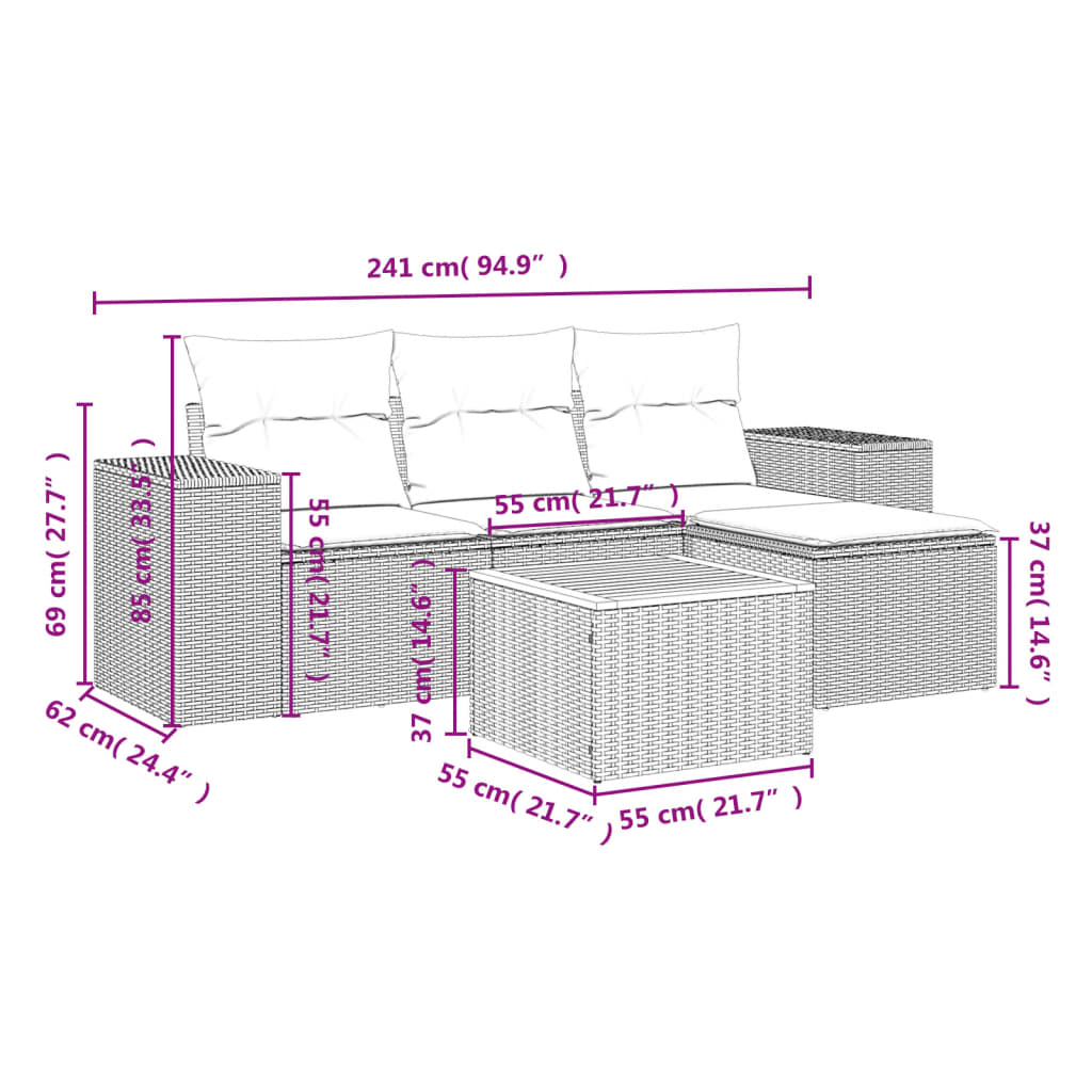 Set Divani da Giardino 5 pz con Cuscini in Polyrattan Nero | homemem39