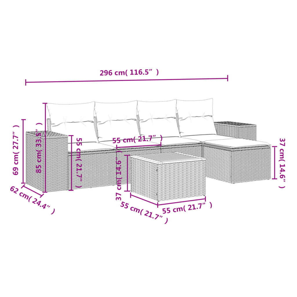 Set Divano da Giardino 6 pz con Cuscini Nero in Polyrattan | homemem39