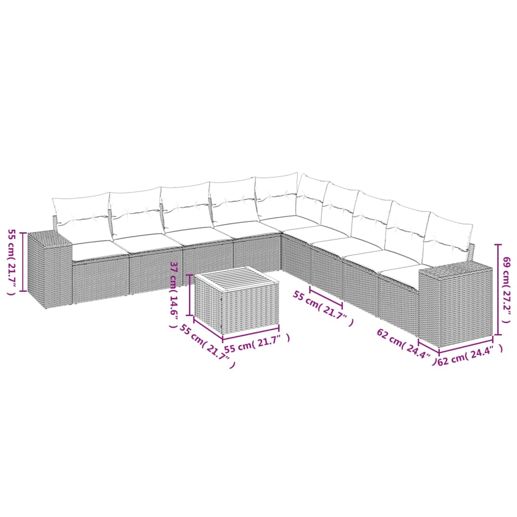 Set Divani da Giardino 10pz con Cuscini in Polyrattan Nero | homemem39