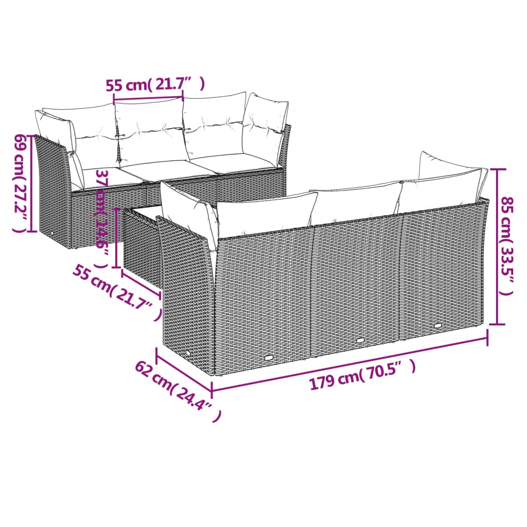 Set Divani da Giardino 7pz con Cuscini Grigio Chiaro Polyrattan
