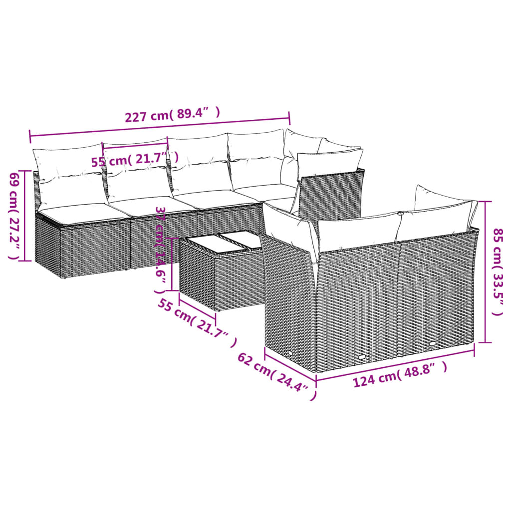 Set Divano da Giardino 8 pz con Cuscini Beige in Polyrattan | homemem39