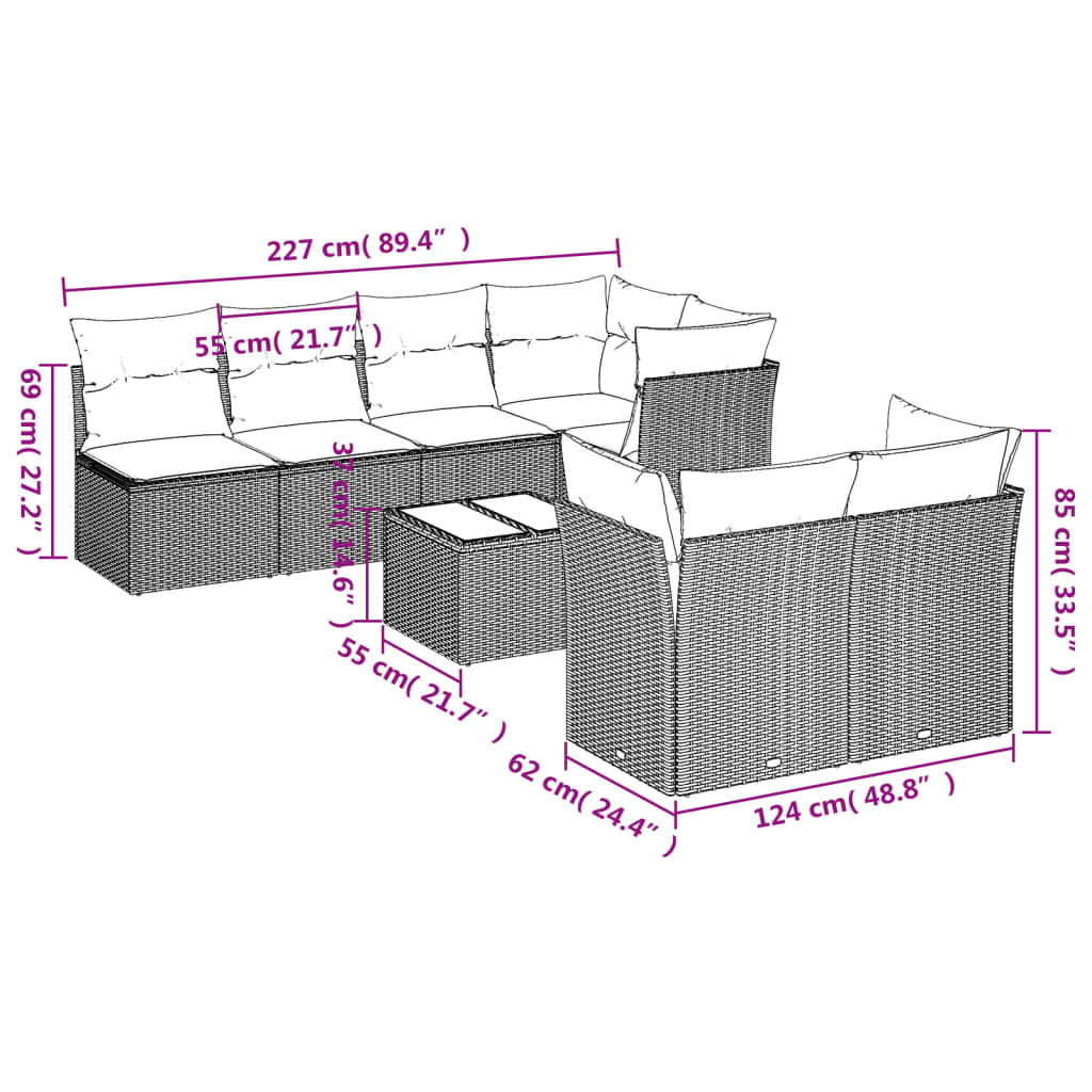 Set Divani da Giardino 8 pz con Cuscini Marrone in Polyrattan | homemem39