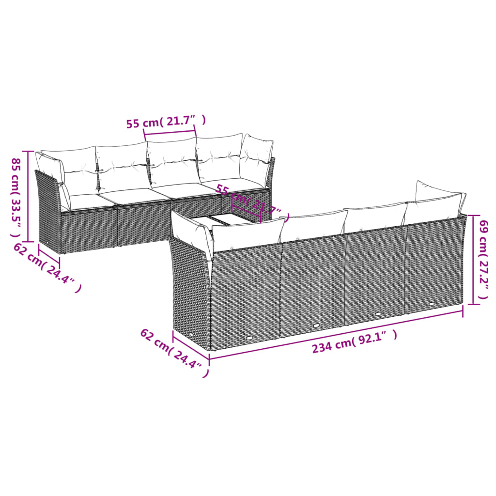Set Divani da Giardino 9 pz con Cuscini Nero in Polyrattan | homemem39