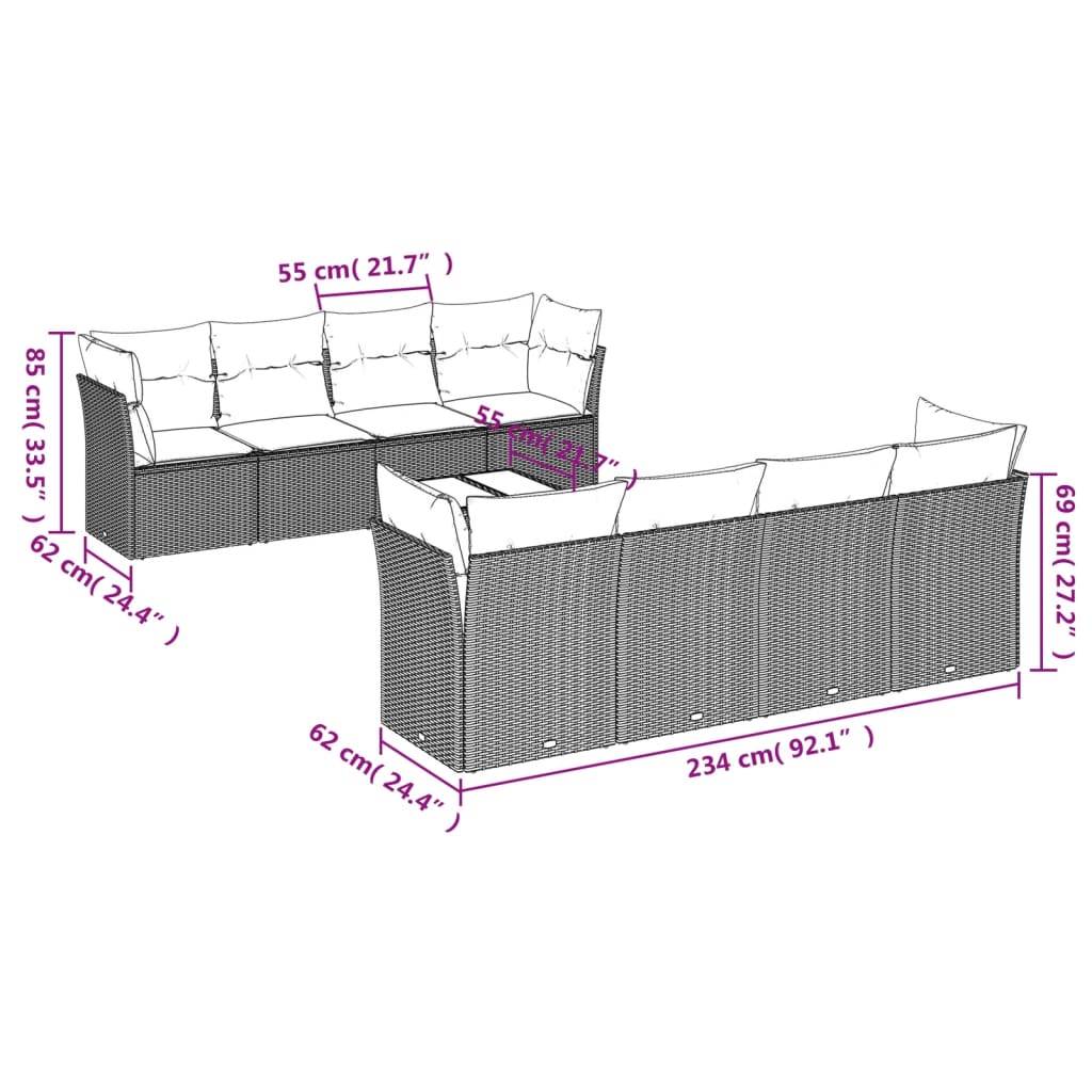 Set Divani da Giardino 9 pz con Cuscini Nero in Polyrattan | homemem39