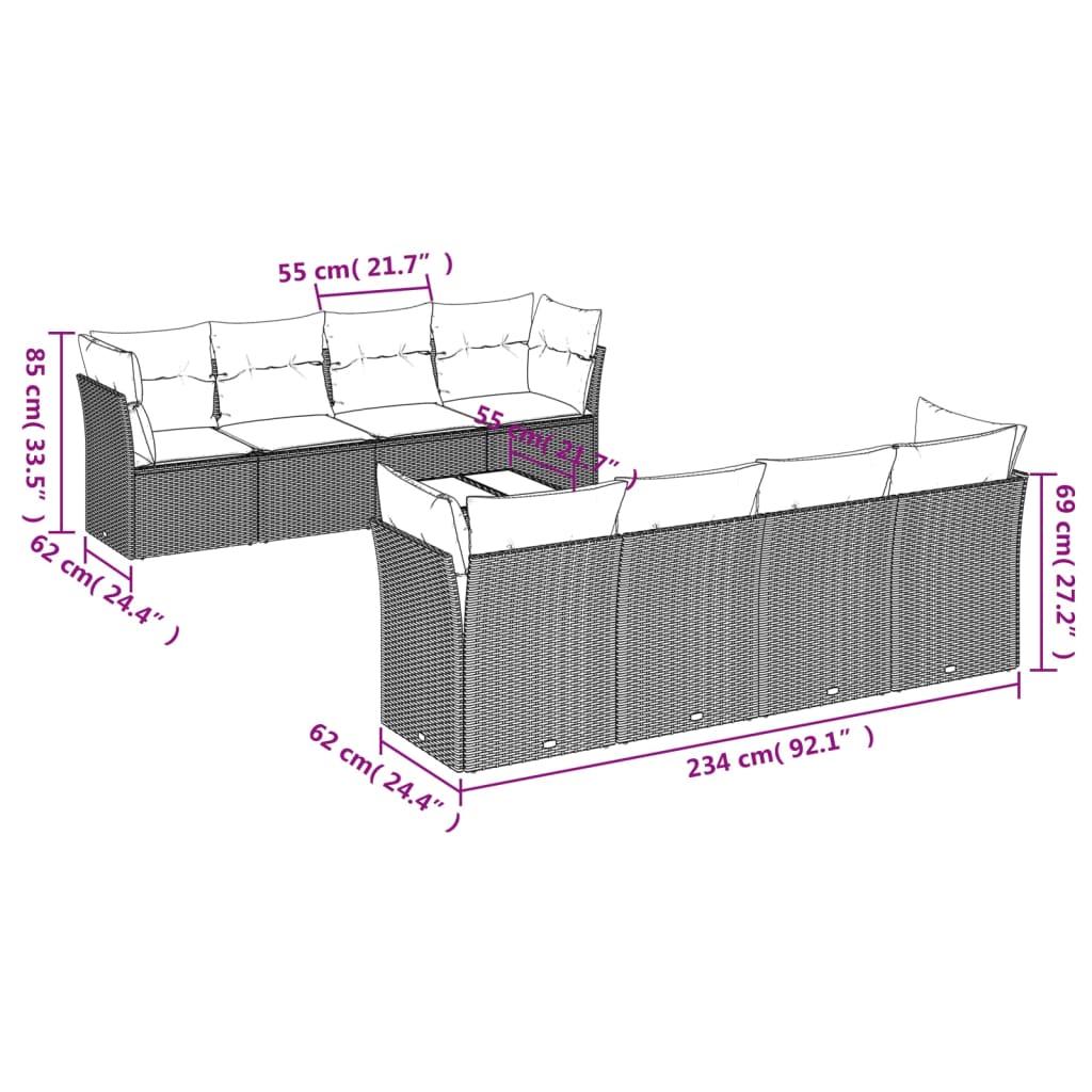 Set Divano da Giardino 9 pz con Cuscini Beige in Polyrattan | homemem39