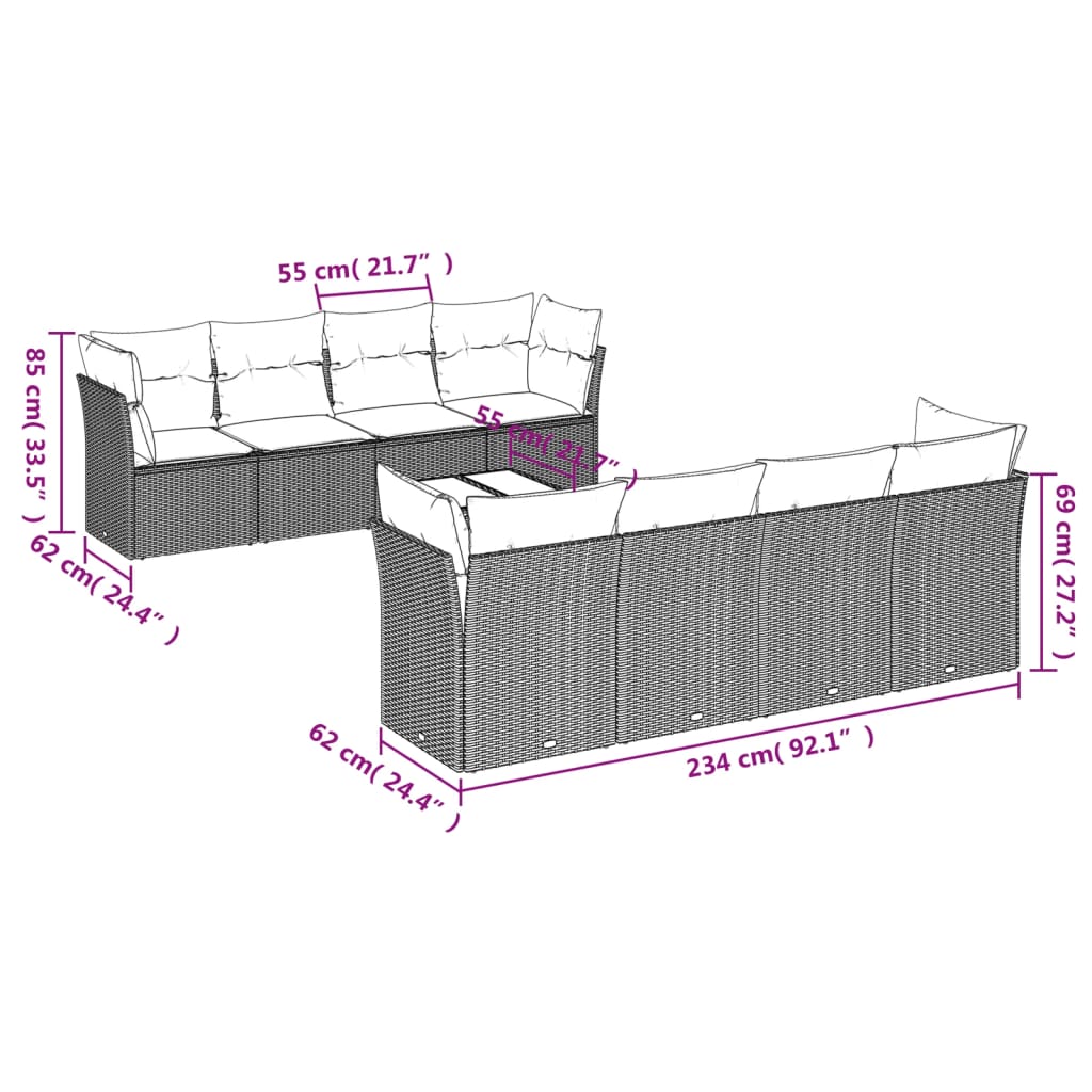 Set Divano da Giardino 9 pz con Cuscini Beige in Polyrattan | homemem39