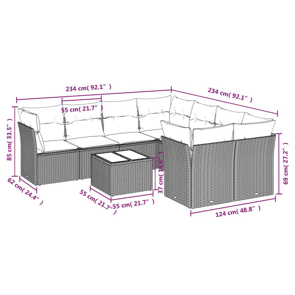 Set Divano da Giardino 9pz con Cuscini Grigio Chiaro Polyrattan