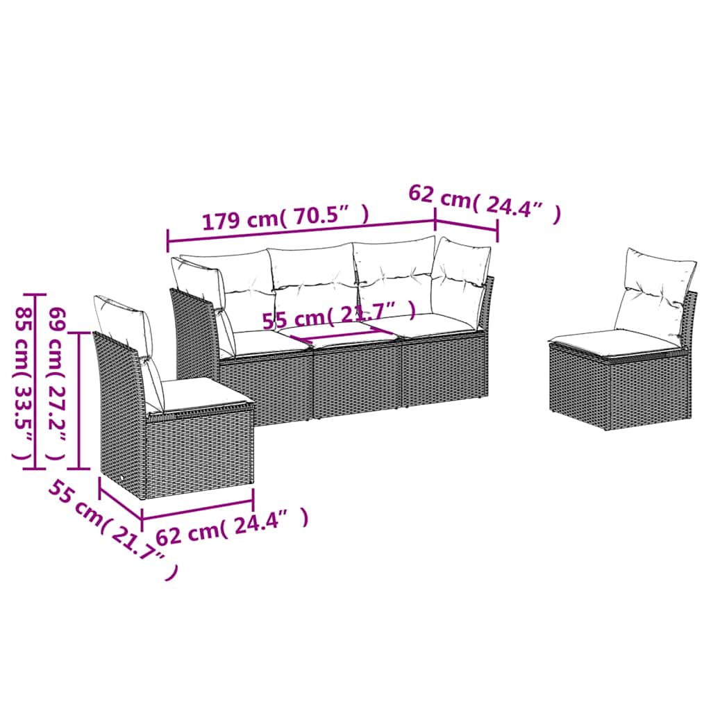 Set Divano da Giardino 5pz con Cuscini Grigio Chiaro Polyrattan